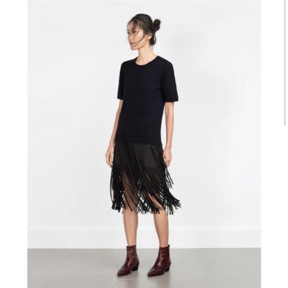 Zara Suede Black Fringe Mini Skirt Size S - Picture 2 of 10